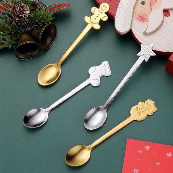 Elegant Table Decor for Parties 4Pcs Christmas Dessert Spoons, Stainless Steel Coffee Spoons with Gingerbread Star Shaped Stirring Man Stocking