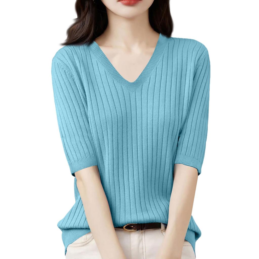 Женская мода свободный трикотажный свитер нижняя часть рубашки V-образный вырез пуловер короткий рукав однотонный топ
