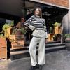 Женский полосатый трикотажный костюм-двойка 2024: Свитер с высоким воротом и свободный повседневный комплект