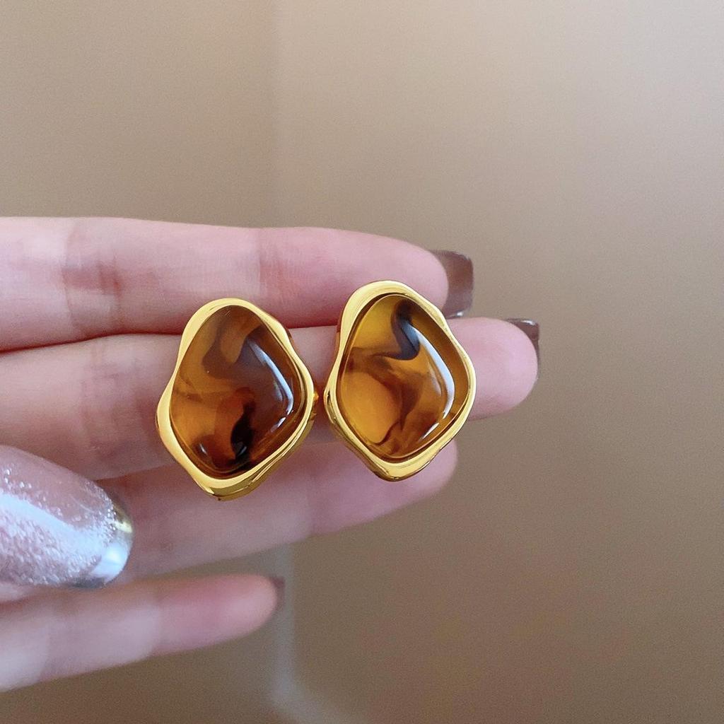 Серьги-пусеты неправильной формы коричневого цвета 'Серебряная игла' - Французская легкая роскошь, ретро, нишевые, высококлассные украшения для женщин.