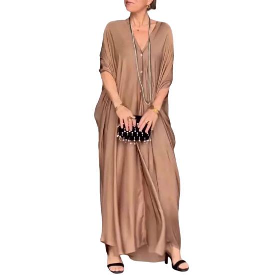 Женское макси-платье с V-образным вырезом, застегивающимся на пуговицы, рукавами «летучая мышь», платье-рубашка, однотонный цвет