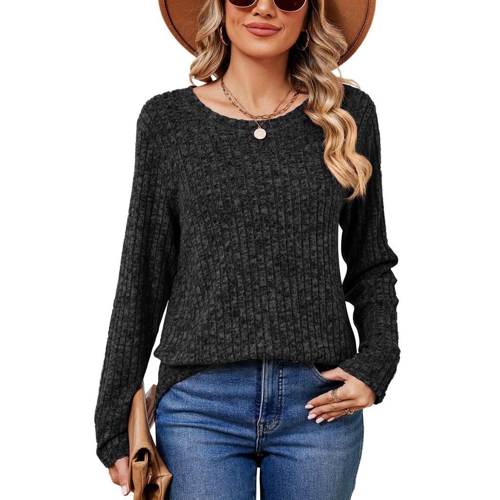 Spring Autumn Solid Top for Women Round Neck Loose Long Sleeve T-shirt