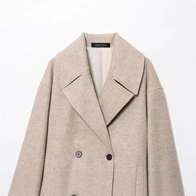 Womens Oversized Double-Breasted Wool Blend Coat Long Sleeve Street Style Loose Fit 2025