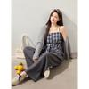 New Plus-Size Women's Clothing for Slightly Chubby Women, Korean Style Early Spring Slimming Plaid Suspender Gray Cardigan and Pants Set