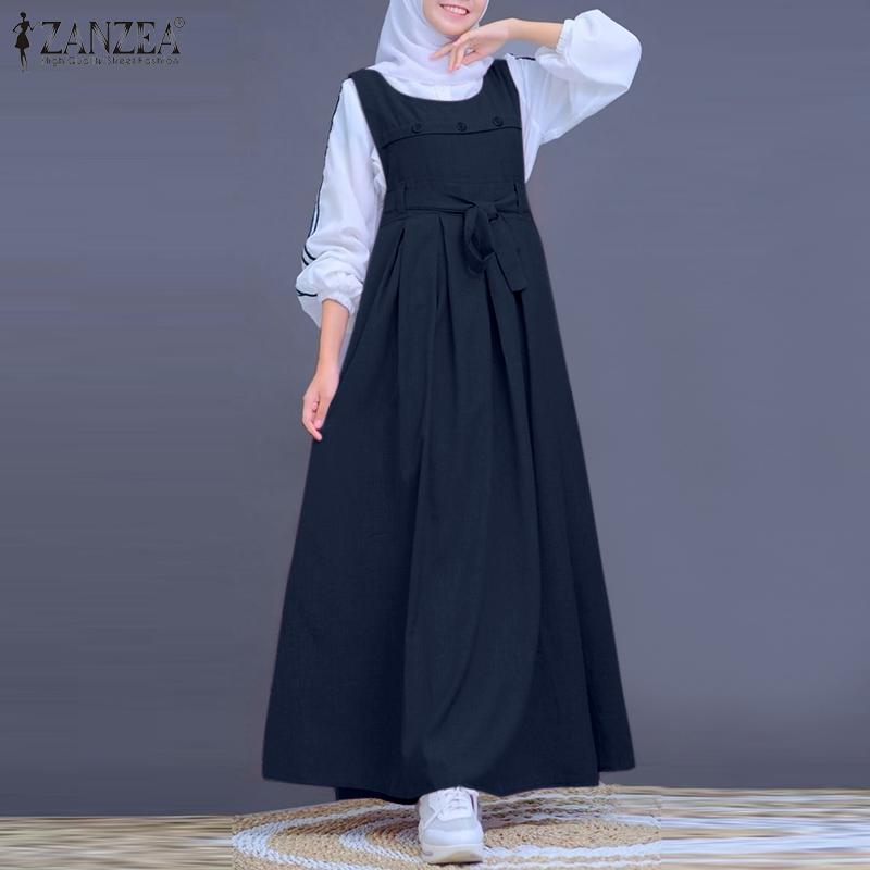 ZANZEA Женский свободный повседневный комбинезон в стиле ретро без рукавов с круглым вырезом, длинное платье
