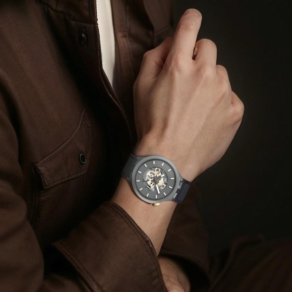 Swatch Мужские часы с кварцевым механизмом, водонепроницаемость 30 метров, швейцарские часы, 47 мм, скелетонизированный циферблат, корпус из биоисточника, силиконовый ремешок SB05M102