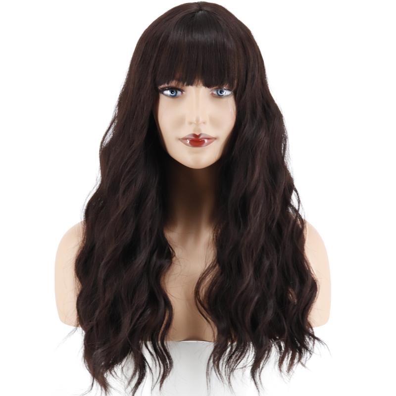 MERISIHAIR Ladies Fashion Long Curly Hair Wig with Bangs Synthetic Fiber Wavy Wig Black Brown Blonde Blue for Women Cosplay Daily Wear