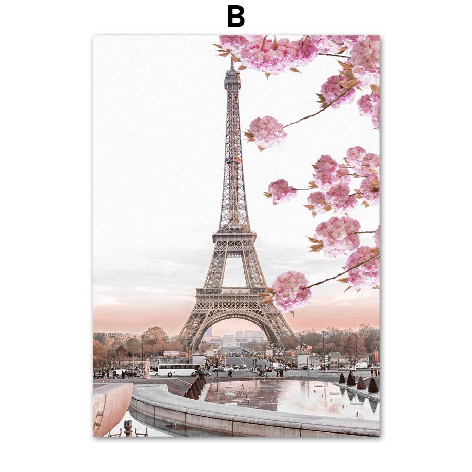 Розовые вишни в цвету Поезд Башня Париж Велосипед Скандинавские постеры и принты Картина на холсте Настенные художественные картины Гостиная Домашний декор