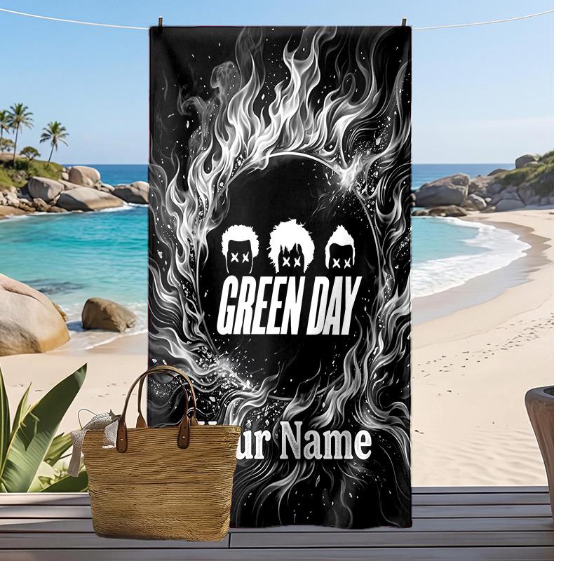 Green Day Custom Beach Towel, Print Your Name Text Lightweight Absorbent Towel for Swimming Travel