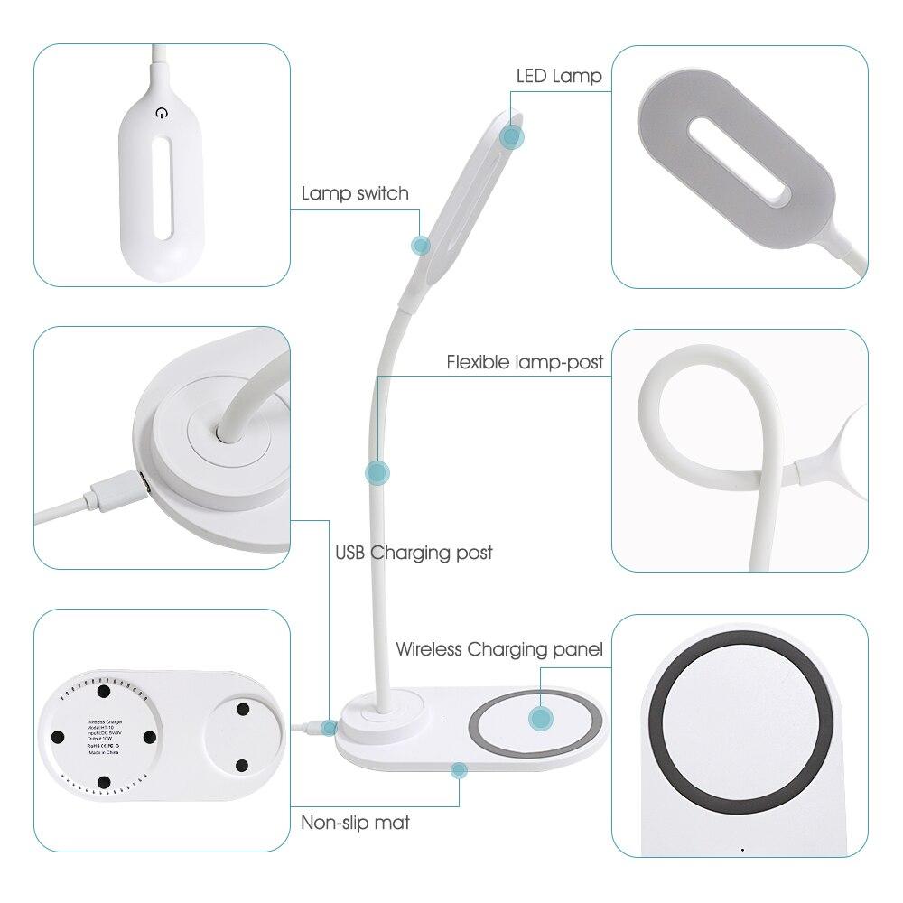 10 Вт QI, быстрая беспроводная зарядка, светодиодная настольная лампа, портативная защита глаз, гибкий на 360 градусов сенсорный контроль, ночник