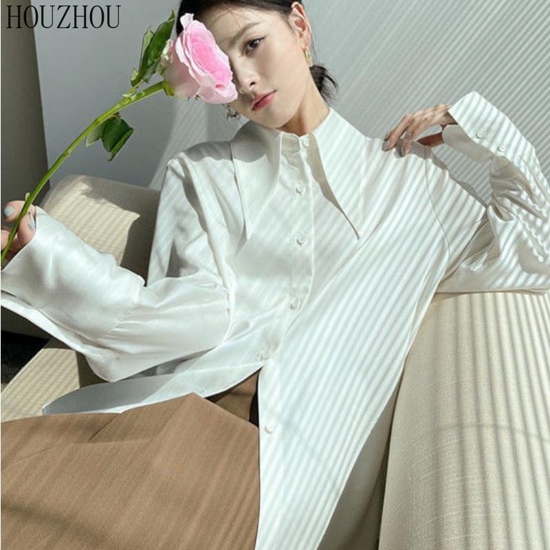 HOUZHOU Шикарная женская рубашка с острым воротником, корейская элегантная ретро-элегантная женская классическая блузка для поездок на работу