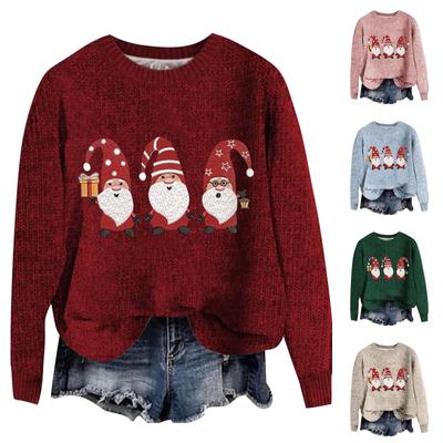 Женская мода повседневный длинный рукав рождественский принтованный воротник шерстяной трикотажный пуловер топ