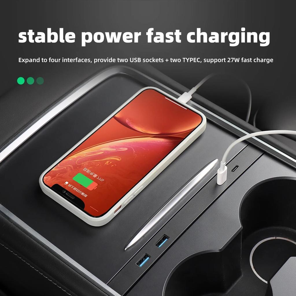 LUCKEASY For Tesla Model 3 Model Y Central Control USB Shunt Hub Car Decoration Accessories 27W Quick Charger Docking Station