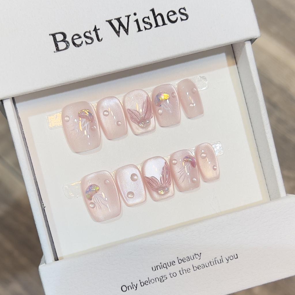 Fresh and Fresh Wear Armor Handmade Cute Naked Pink Cat Eye Jellyfish Fish Tail Manicure Removable Nails
