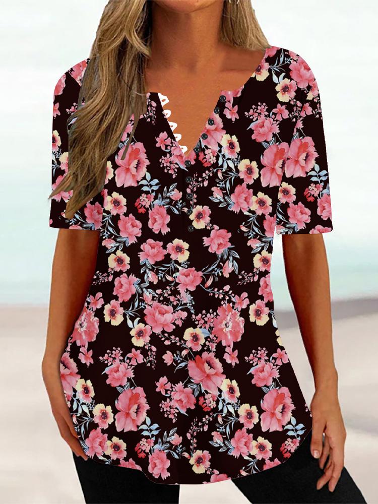 Женская летняя футболка с цветочным принтом и V-образным вырезом, с короткими рукавами, женский винтажный топ средней длины, свободный топ, женская одежда