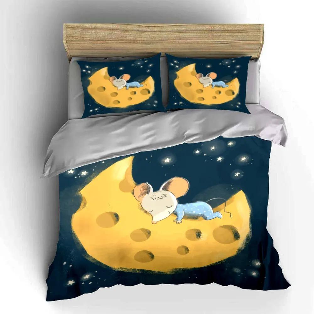 Cartoon Mouse Sleeping on Moon Cheese Duvet Cover Pillowcase Bedding Set 2/3Pcs All-Season for kids Girls Bedroom Decor gifts