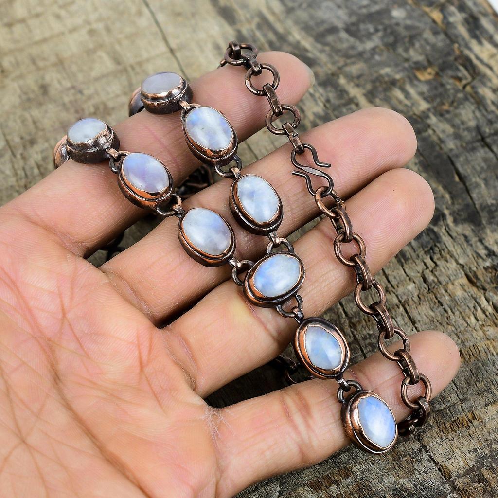 Ожерелье из радужного лунного камня, ожерелье из электроформованной меди, ожерелье с регулируемой цепочкой, медные украшения, ожерелье из драгоценного камня, ожерелье ручной работы, свадебные подарки