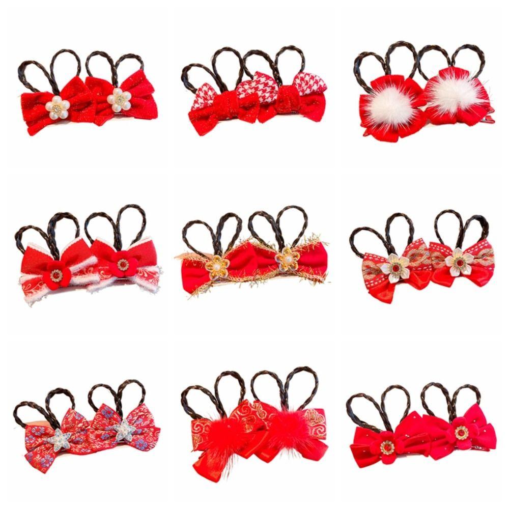 2pcs Chinese Style Ancient Style Hairpin Bow Wig Braid Hairpin Princess Children Red Hairclip
