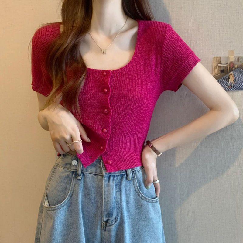 Элегантный и тонкий квадратный вырез, радужная однобортная рубашка, летний свитер с короткими рукавами, футболка с короткими рукавами