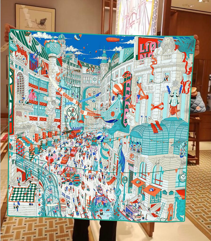 50pcs 90cm Fashion Twill Silk Scarf for Women City of Paris Print Wraps Headband Shawl Stoles Hijab Lady Square Foulard Bandana