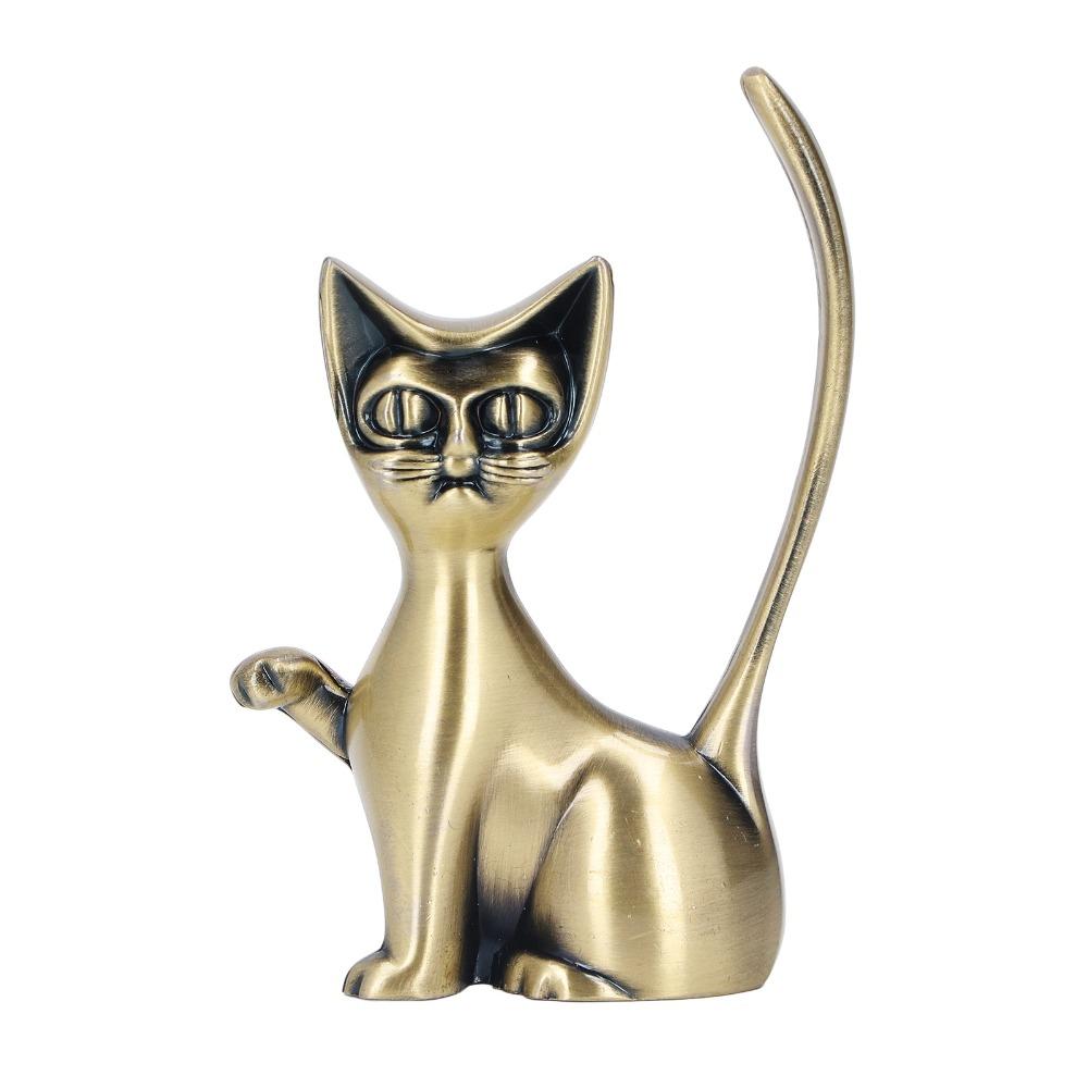 Handcrafted Cat Ring Holder Solid Brass Feline Sculpture Cat Statue Home Office Decor