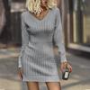 Женское модное повседневное однотонное платье-свитер с v-образным вырезом, свободное вязаное платье с длинными рукавами