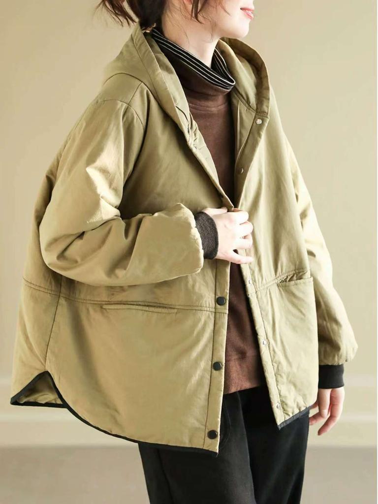 Johnature Niche однотонное свободное повседневное пальто с капюшоном, женское зимнее модное однобортное пальто с длинными рукавами