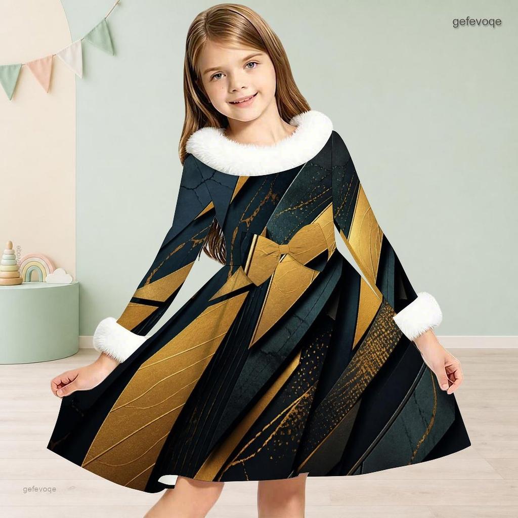 Girls Long Sleeve Printed Dress White Furry Collar And Cuffs Black Blue A Line Flared Hem