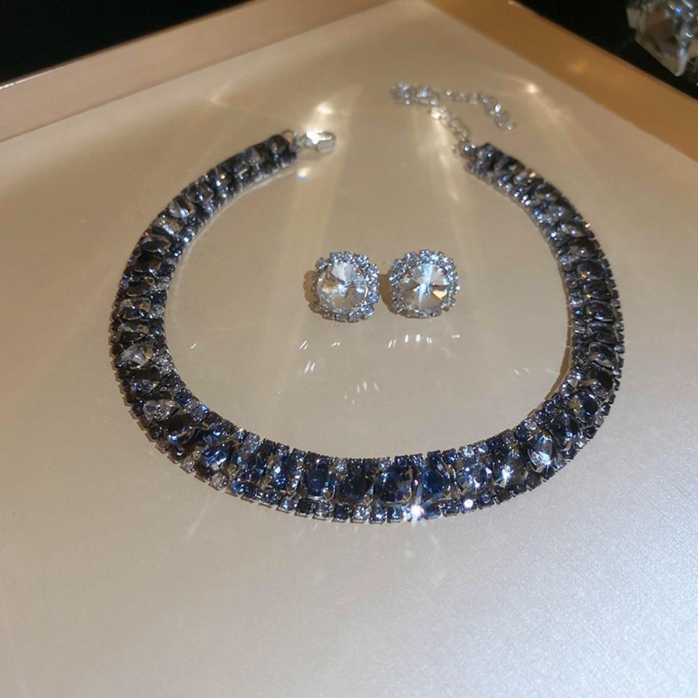 Retro Necklace Earrings Set Handmade Rhinestone Choker Necklace Crystal Necklace Anniversary