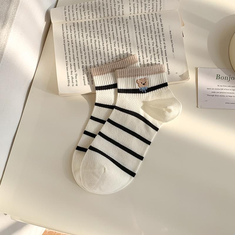 Женские короткие носки в полоску с цветными блоками, весенне-летние, сетчатые, дышащие, хлопковые носки без косточек с медведем, женские короткие носки