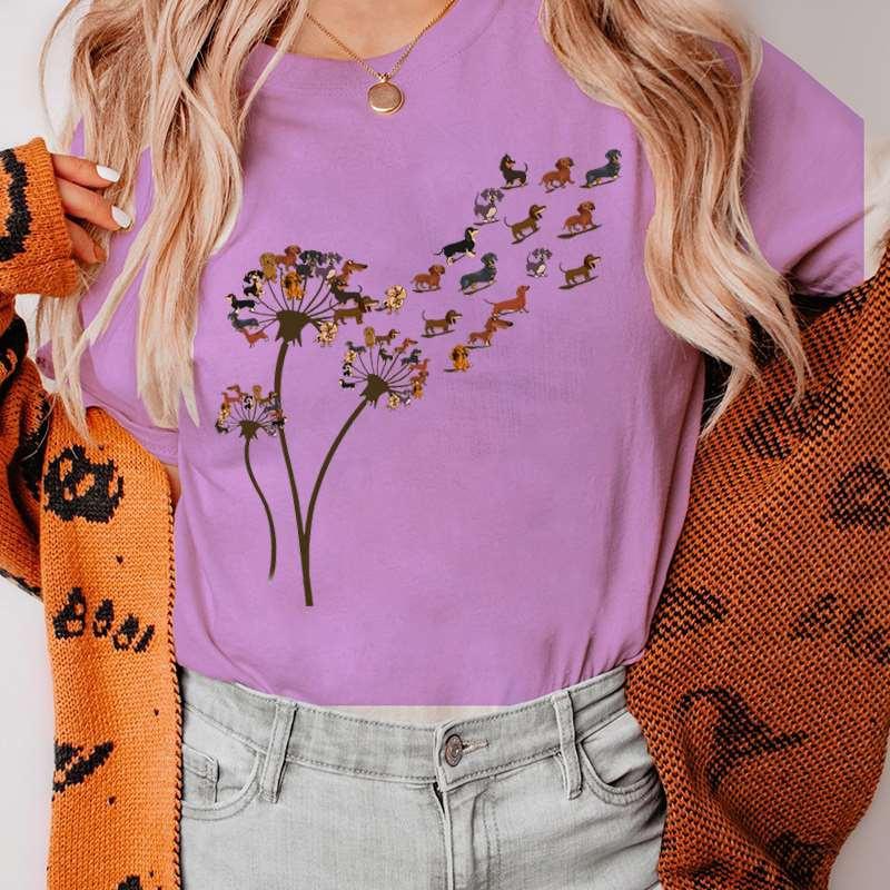Забавная женская футболка с одуванчиком и таксой, одежда, кавайные женские футболки с мультяшным рисунком, футболка с короткими рукавами, женская футболка, топы