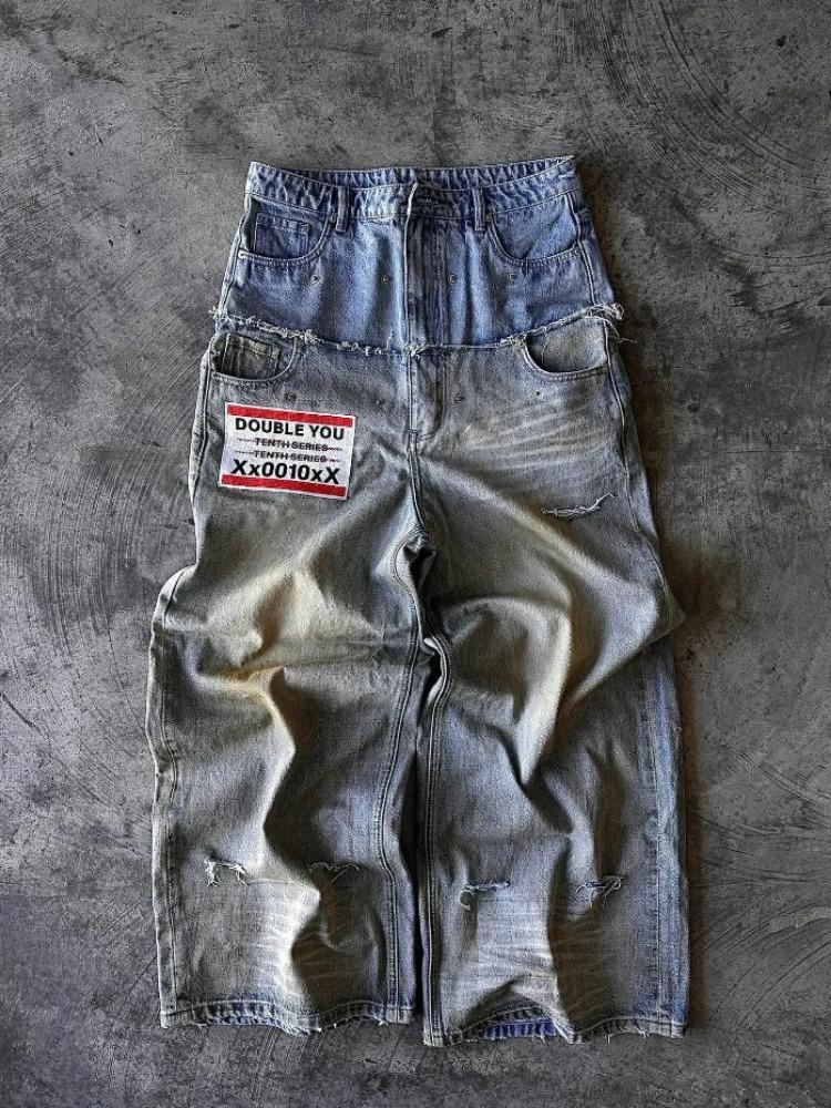 Джинсы мужские в стиле хип-хоп с буквенным принтом Y2k Goth Punk Harajuku Ripped Wide Leg Брюки Ретро Свободные прямые брюки с двойной талией