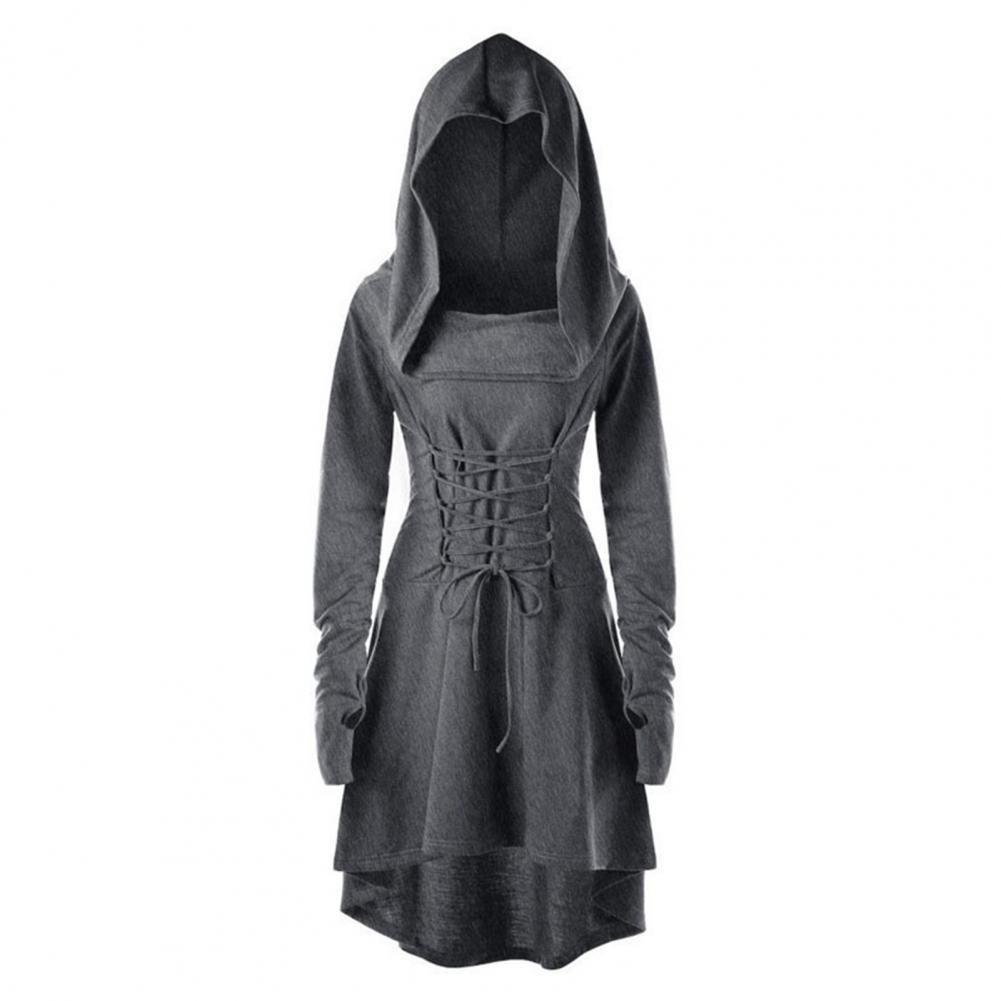 Women Cosplay Dress Gothic Solid Color Lace-up Strap Slim Waist Irregular Hem Hooded Long Sleeves Theme Parties Role-Playing St Practical Use