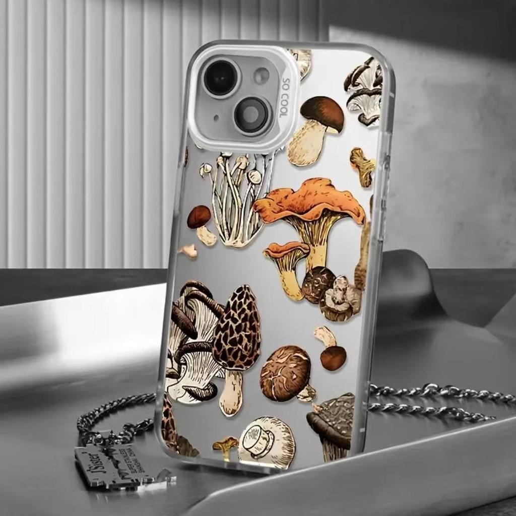 Mushroom Pattern Silver Shell Phone Case for Apple 17/16/15 Pro/14 Pro Max/13/12/11