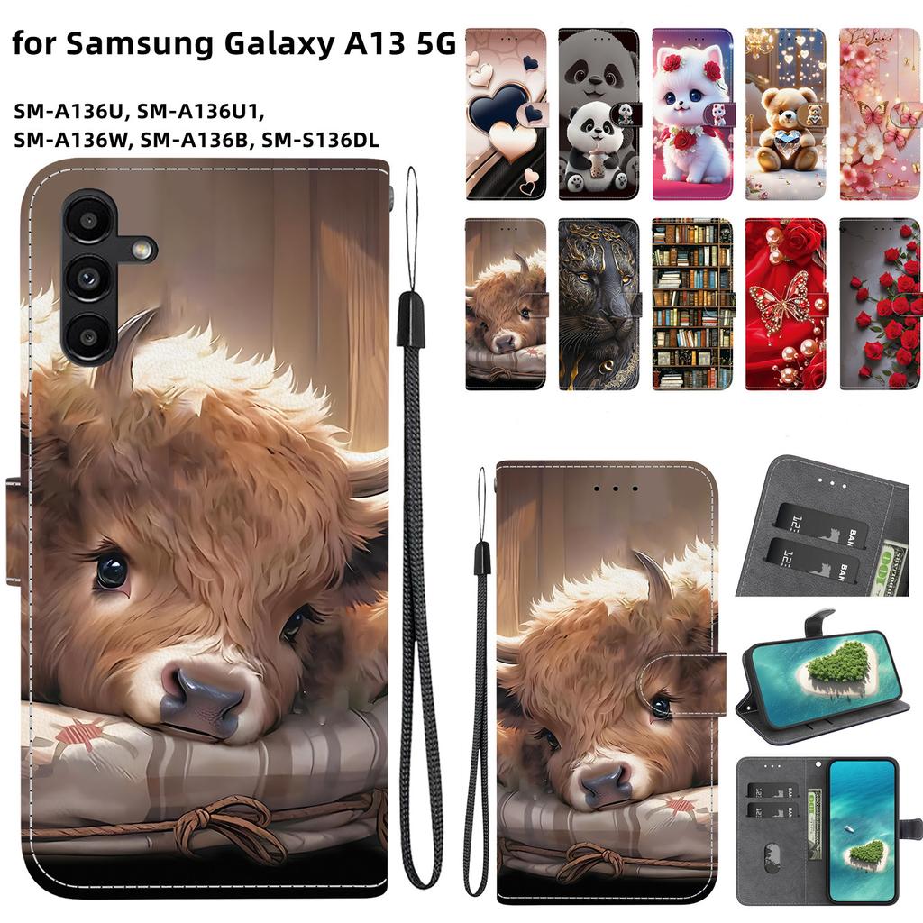 Чехол-книжка из искусственной кожи ручной работы для Samsung Galaxy A13 5G (SM-A136U/A136W/A136B)- Противоскользящий ударопрочный чехол с ремешком на запястье и дизайнами в виде сердец/роз и кошек