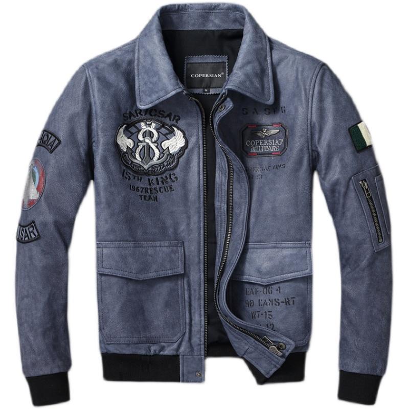 Китайский размер, натуральная кожаная куртка для мужчин, настоящая воловья кожа, военный летный костюм A2, вышитые пилотские пальто, мужская авиационная одежда, осень