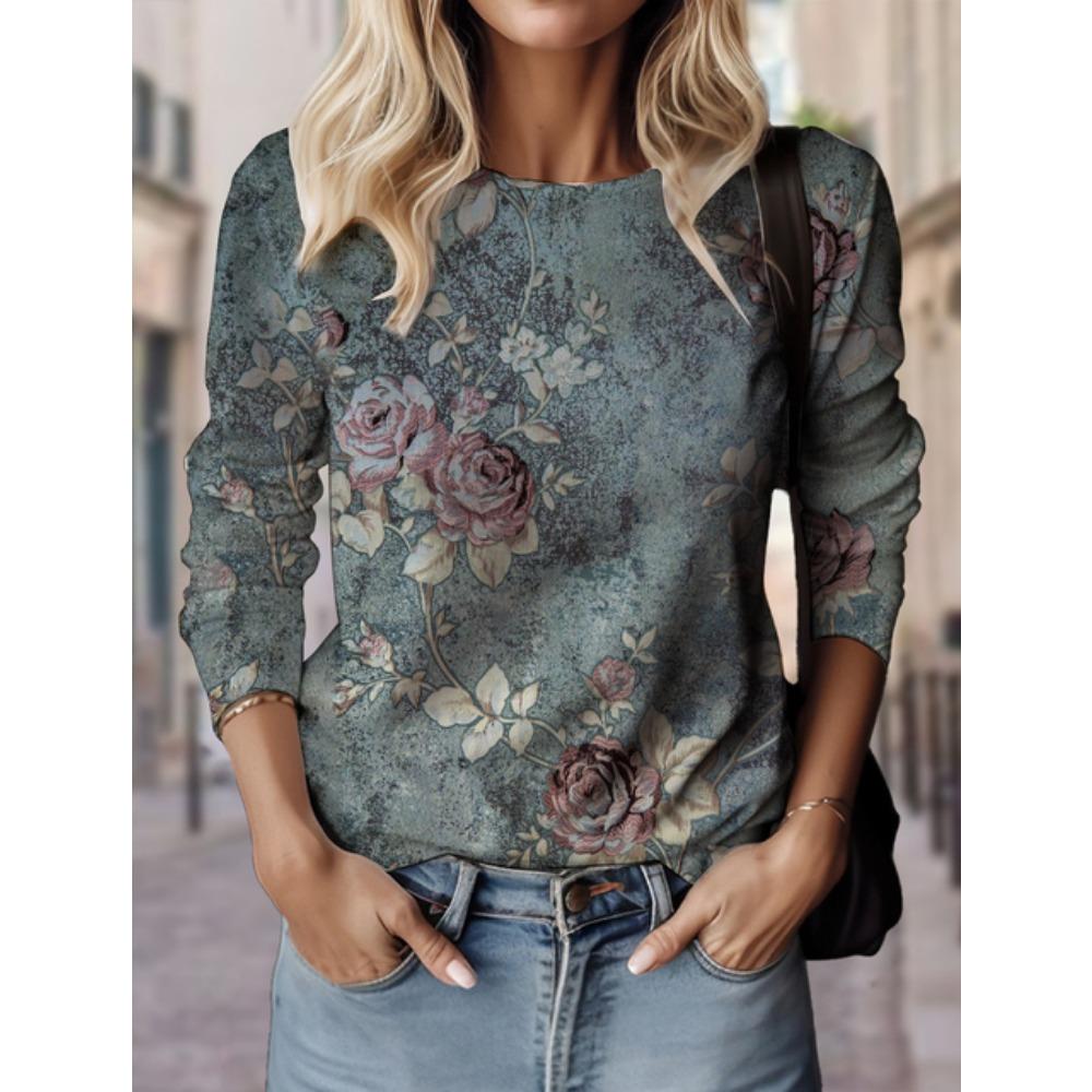 Женские футболки с цветочным узором, топы с 3D-принтом, повседневный свитер с круглым вырезом и длинным рукавом, модная толстовка Y2K для девочек