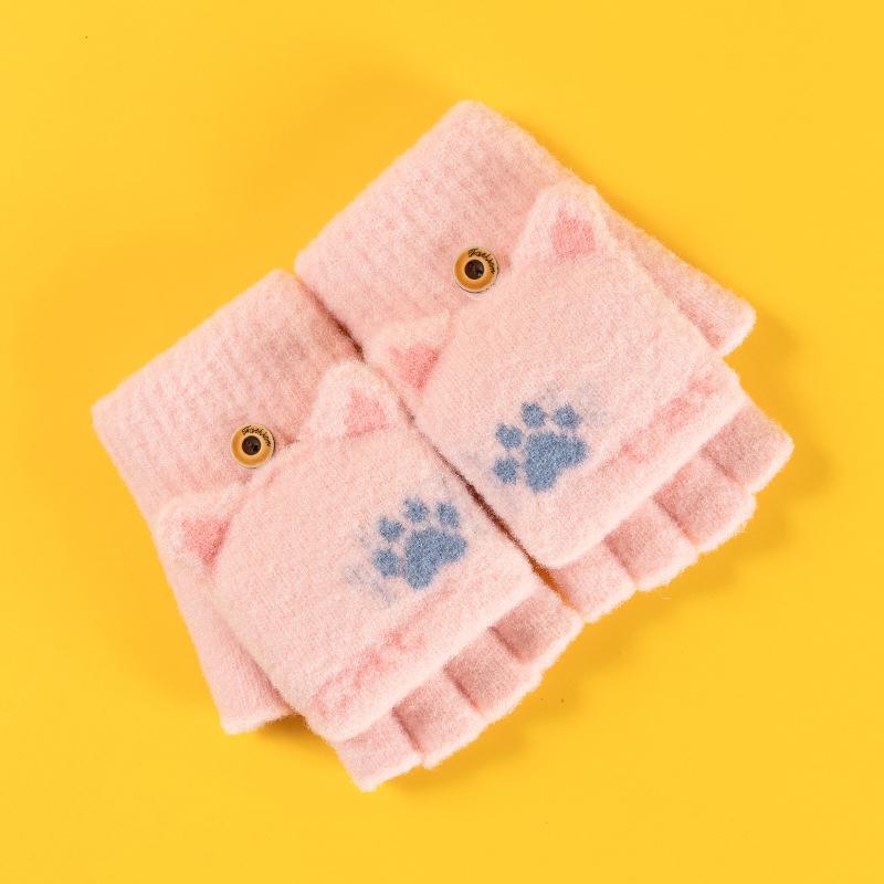 Женские зимние перчатки с милым рисунком, откидные теплые студенческие вязаные перчатки с полупальцами для письма