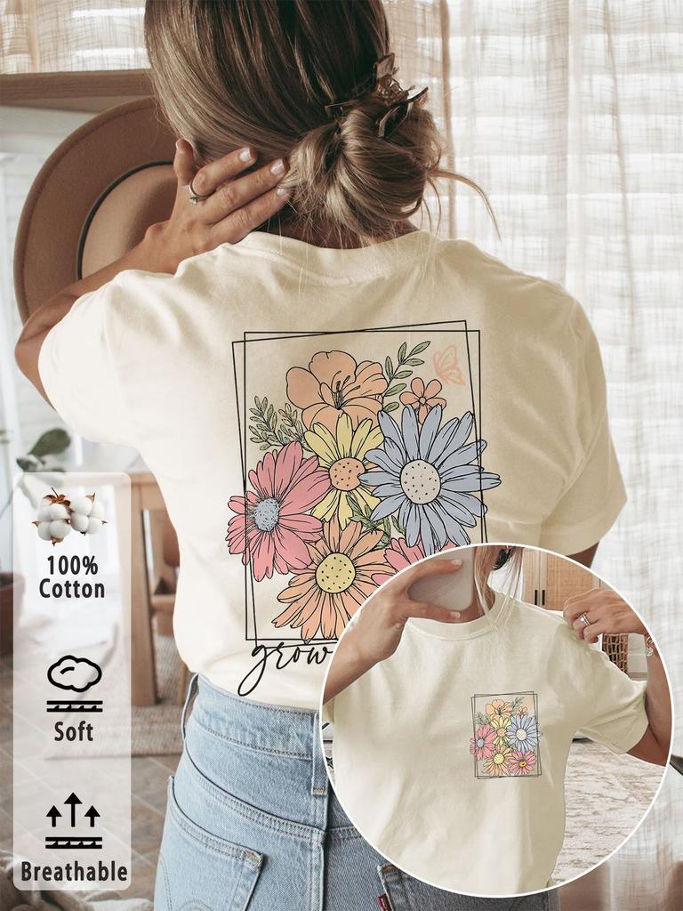 Egirl Korean Fashion Graphic Flower Y2k  Women's Floral Print T-Shirt Round Neck Short Sleeve Top Shirt Floral