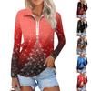 Ladies Spring Autumn Fashion Casual Christmas Printed Zip V-Neck Long Sleeve Shirt Top