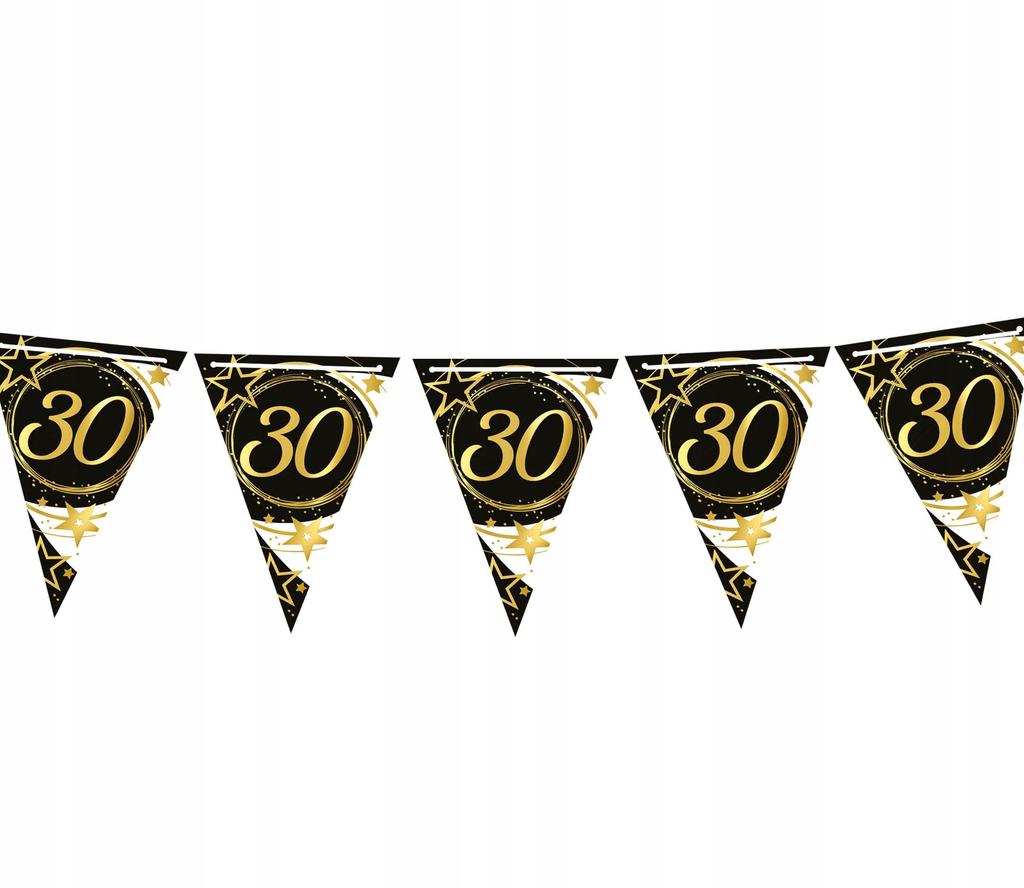 Baner Flagi Girlanda Papierowa 30 Urodziny Czarny Złoty Party 300Cm