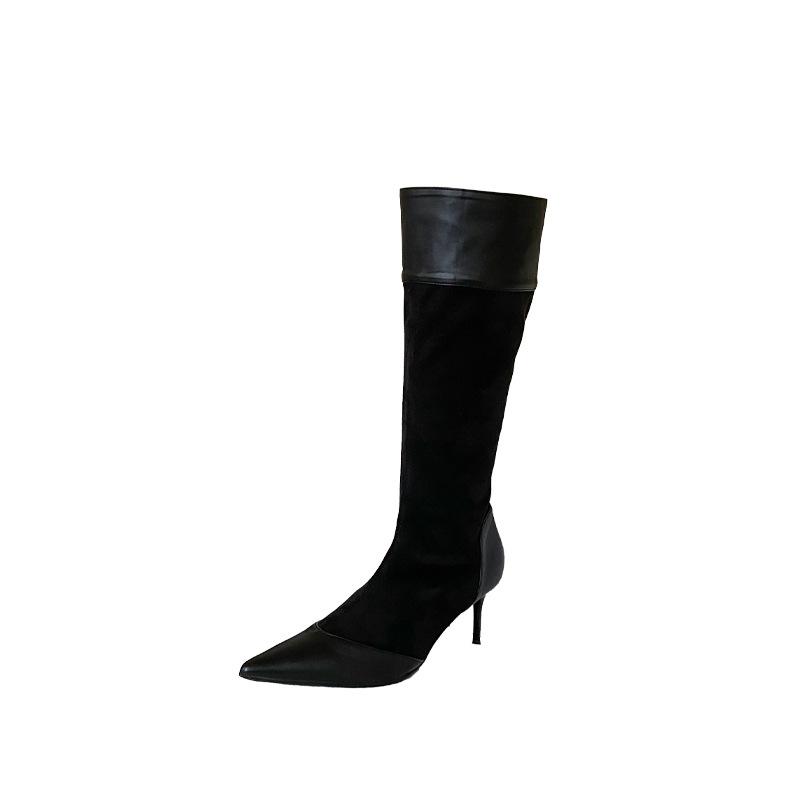 2025 autumn and winter new pointed thin heel high heel temperament French fashion splicing suede sexy beautiful women boots