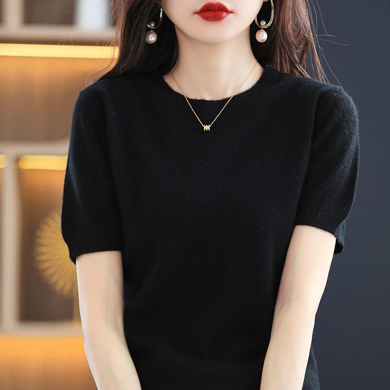 INDFS Женские модные повседневные осенне-зимние однотонные с принтом свитера с коротким рукавом и круглым вырезом