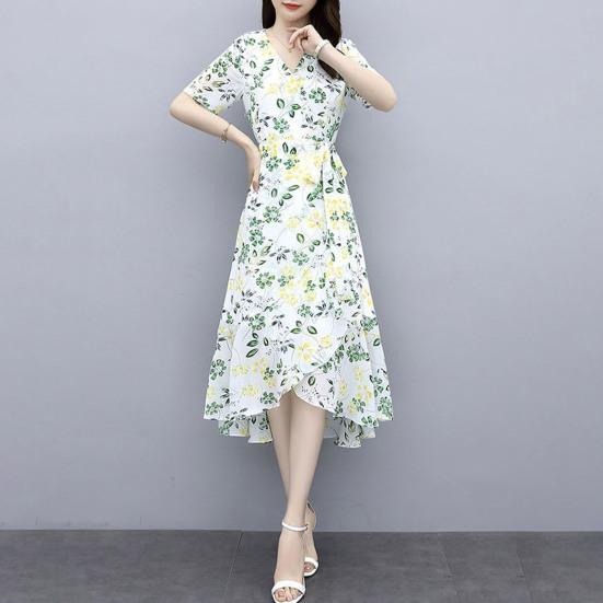 Платье с цветочным принтом для женщин с V-образным вырезом, коротким рукавом, струящимся запахом, платье миди с оборками и неровным подолом, платье А-силуэта для пляжного отдыха