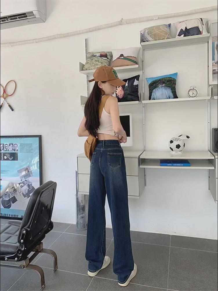 Женские широкие джинсы с высокой талией и большими карманами - корейский стиль