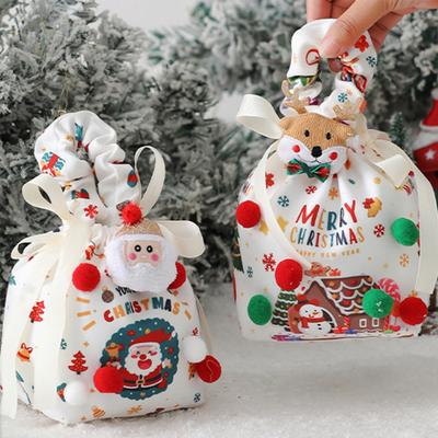 Рождественский подарочный мешок с кулиской, многоразовый мешок для конфет для угощений, печенья, сладостей, мешок для хранения фруктов на канун Рождества с куклой Санты, снеговика, оленя