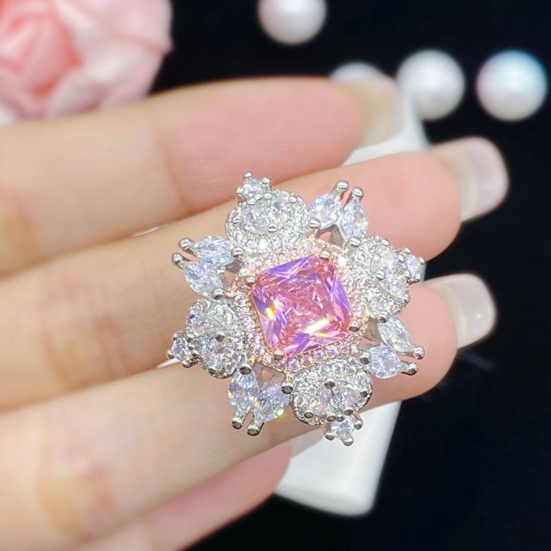 BELLA BOX Delicate Luxury Square Flower Pink Shape Opening Rings For Women Zircon Wedding Engagement Party Fine Personalized Jewelry Gift