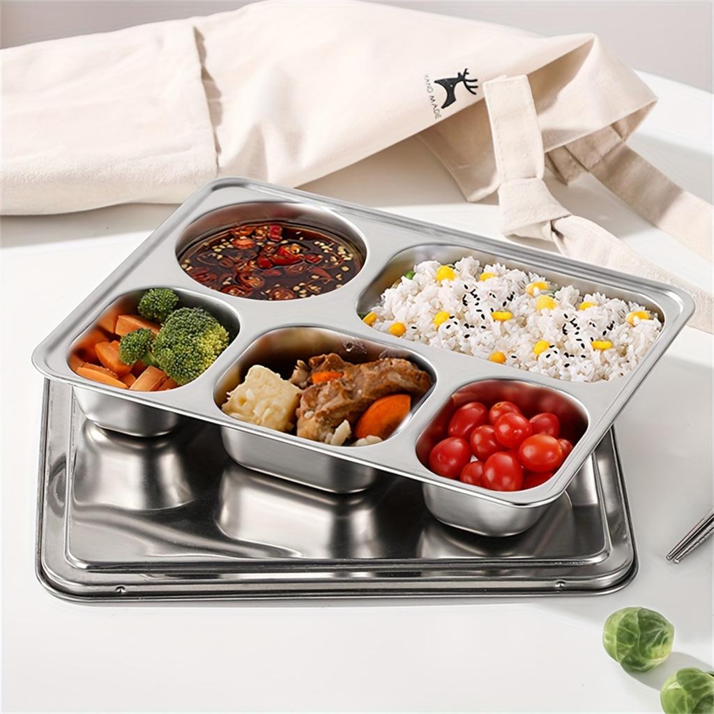 Разделенная тарелка из нержавеющей стали - поднос для школьных обедов с 5 отделениями, глубокая квадратная сервировка для блюд, можно мыть в посудомоечной машине