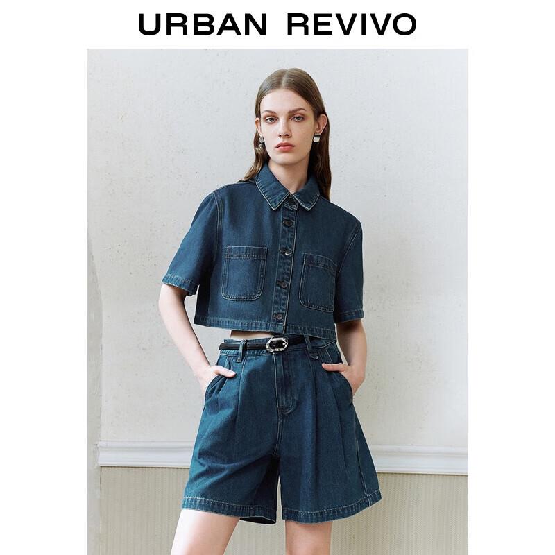 UR Women's Retro Ultra-Short Double Pocket Short Sleeve Denim Shirt