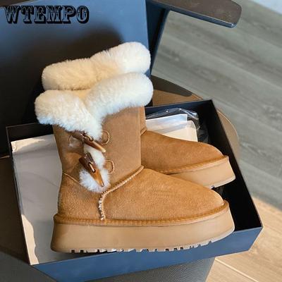 Женские зимние ботинки на толстой подошве с комбинацией меха и толстой шерсти, а также хлопчатобумажной обуви с пуговицами из овечьего рога